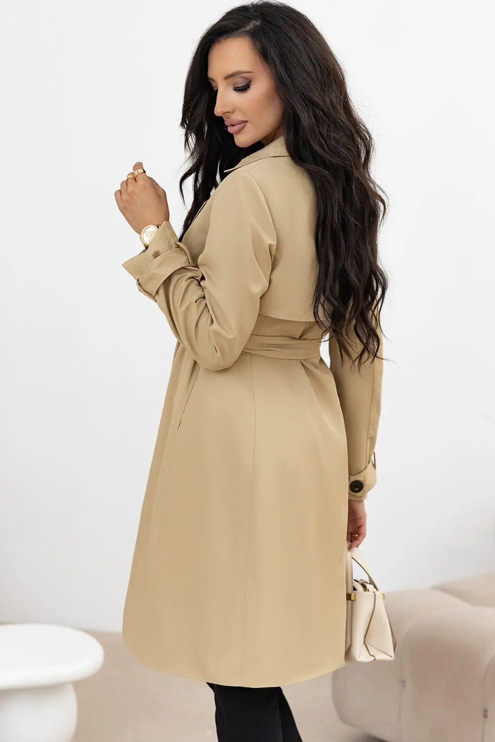 Pale Khaki Solid Color Lapel Collar Waist Tie Wind Coat Dear-Lover Dropshipping