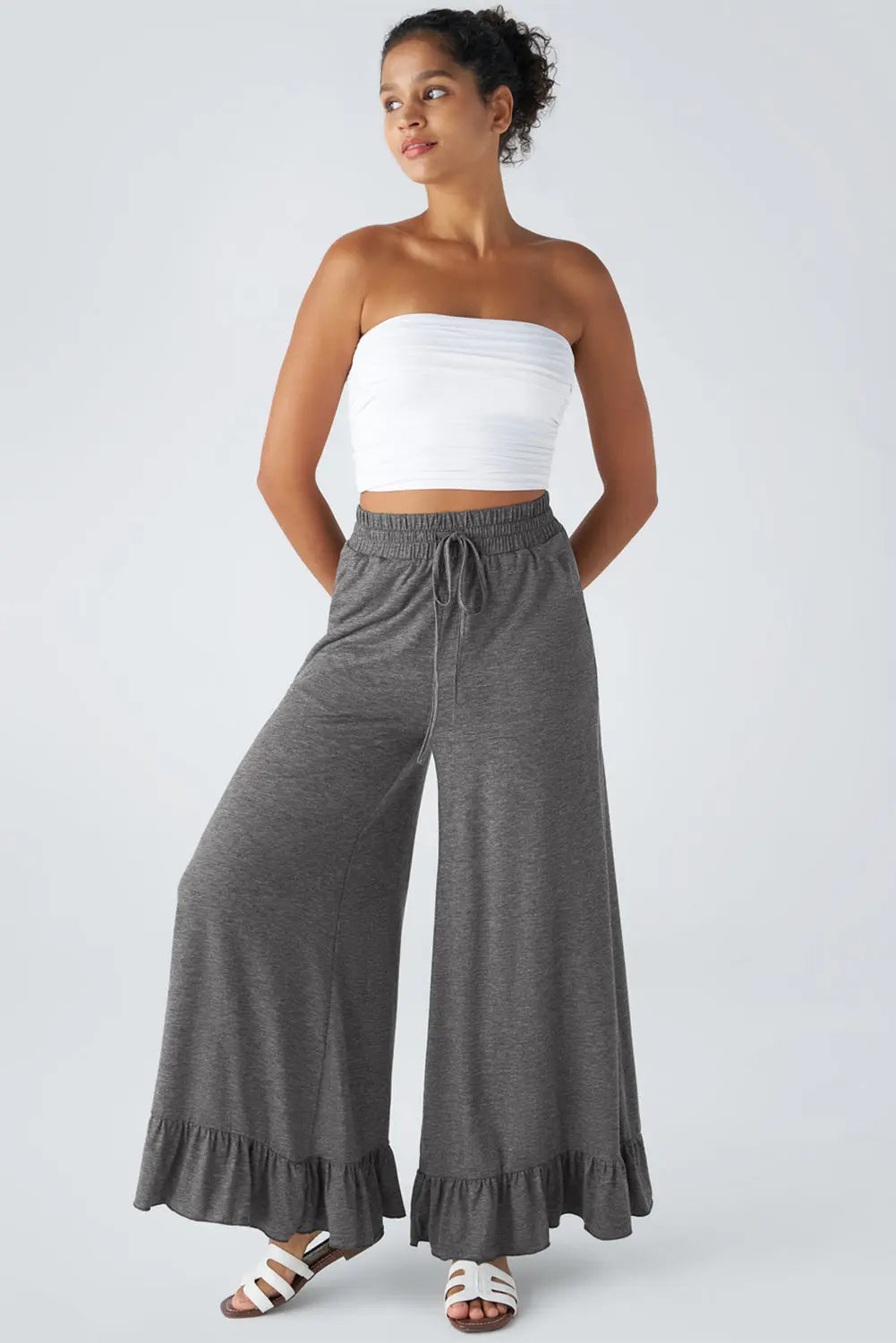 Medium Grey Ruffled Wide Leg Pull On High Waist Pants with Pockets Dear-Lover Dropshipping