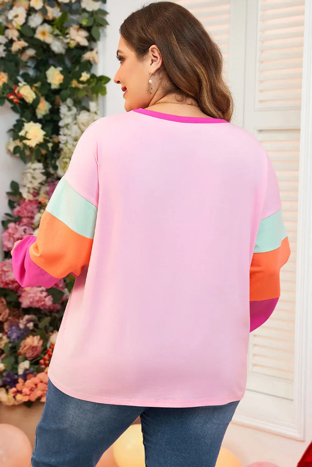 Pink Colorblock Patchwork Long Sleeve Plus Size Top Dear-Lover Dropshipping