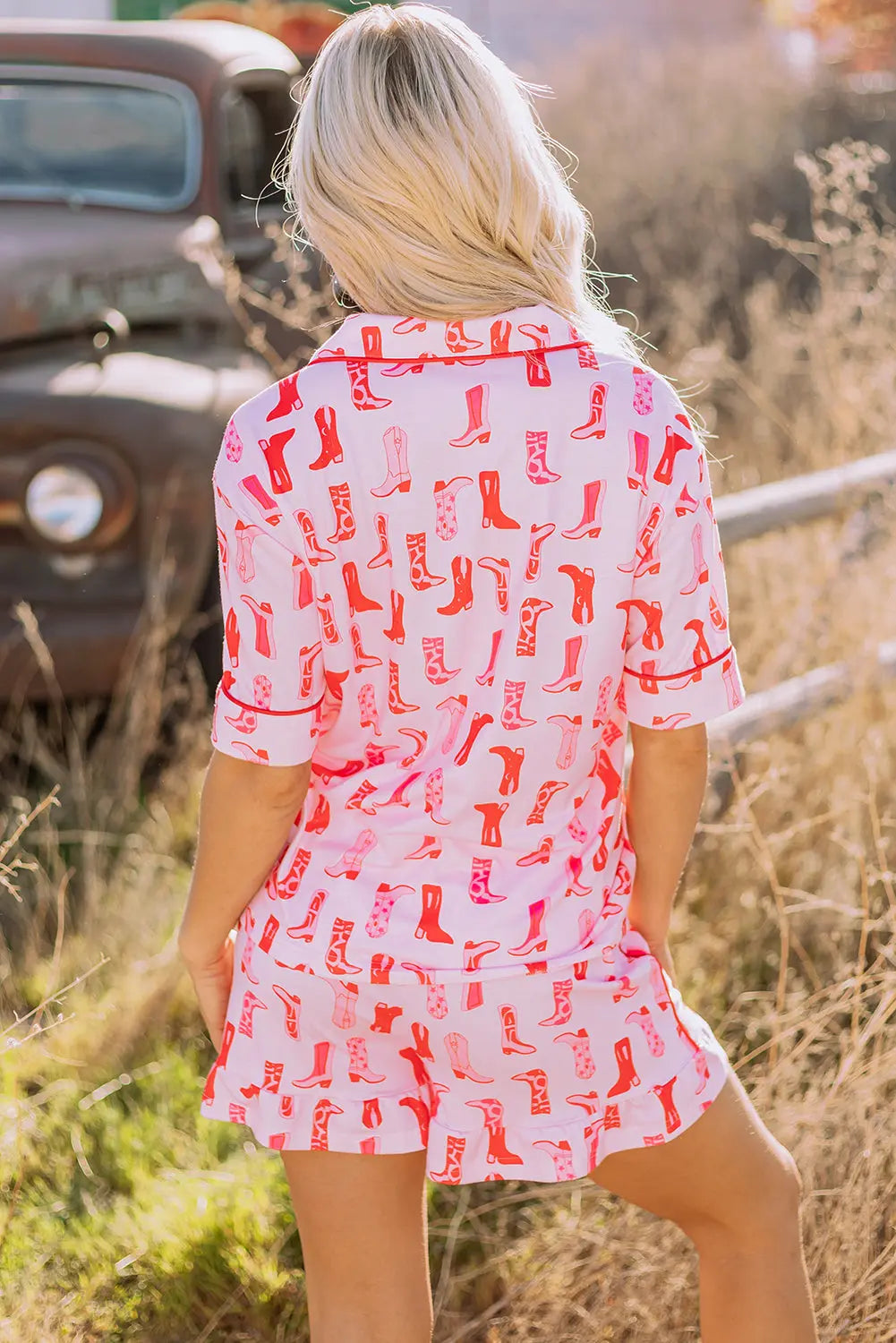 Pink Western Cowgirl Boots Printed Shirt Ruffled Shorts Pajama Set Dear-Lover Dropshipping