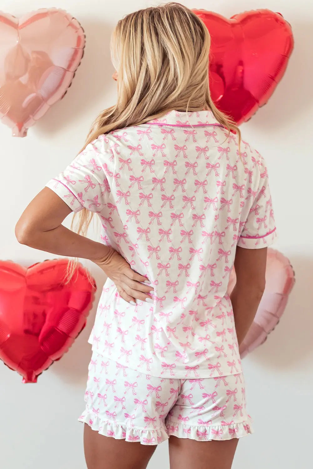 Pink Bowknot Printed Short Sleeve and Ruffled Shorts Pajama Set Dear-Lover Dropshipping