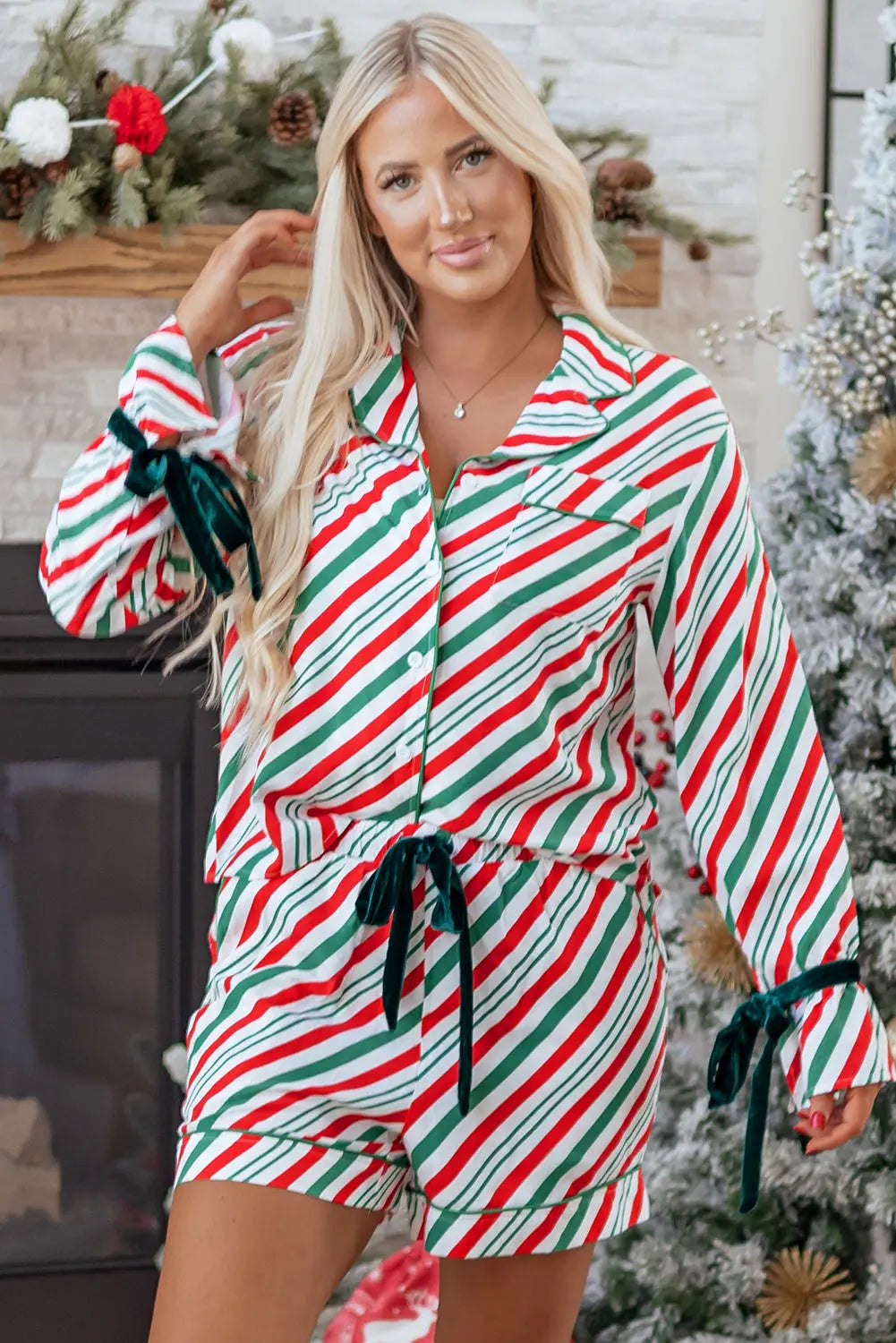 Green Stripe Contrast Velvet Ribbon Knot Christmas 2pcs Pajama Set Dear-Lover Dropshipping