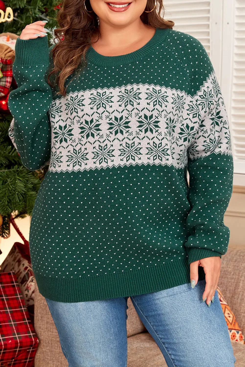 Green Christmas Snowflake Pattern Drop Shoulder Plus Size Sweater Dear-Lover Dropshipping