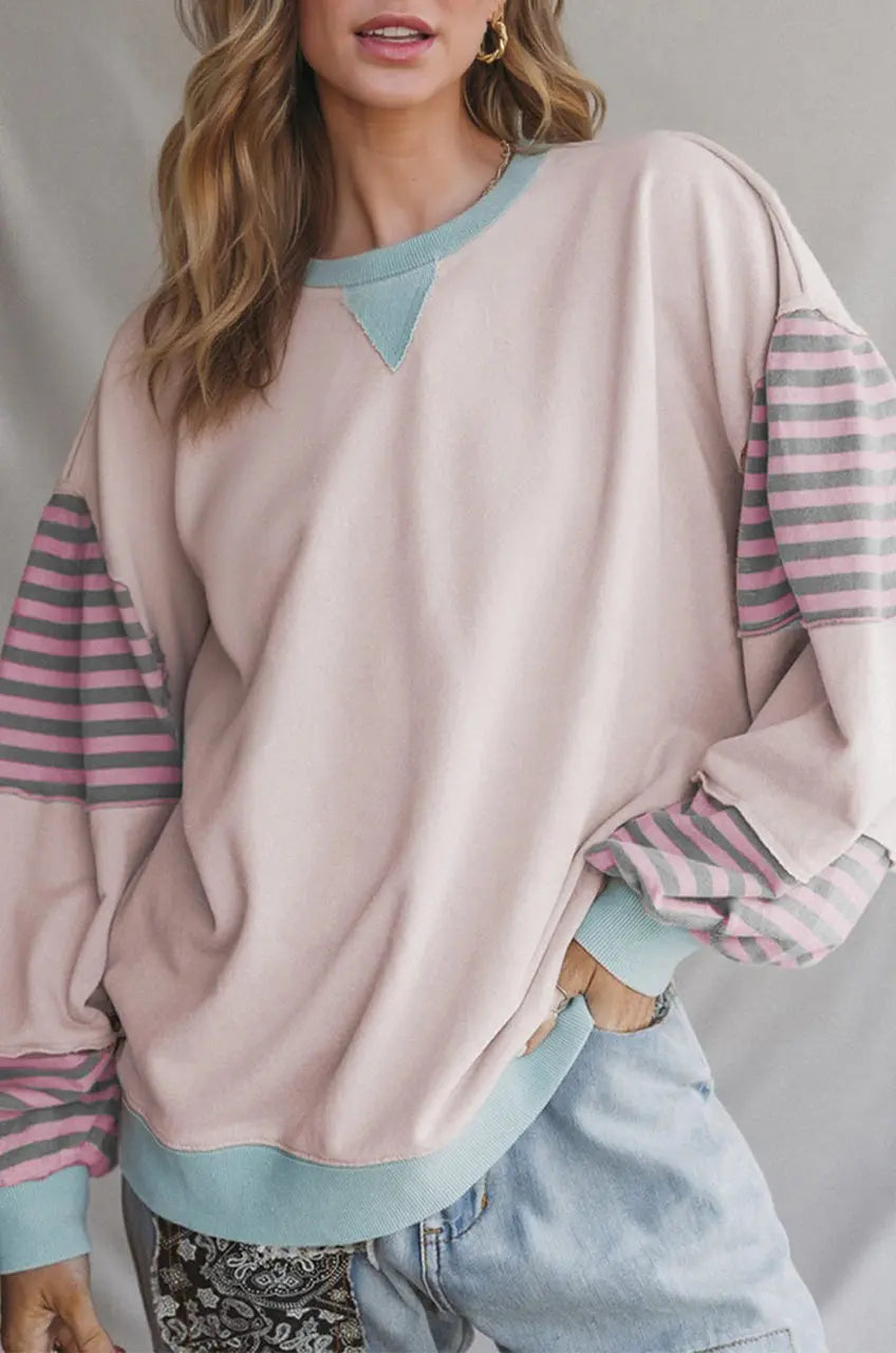 Delicacy Striped Colorblock Patchwork Drop Shoulder Sweatshirt Dear-Lover Dropshipping
