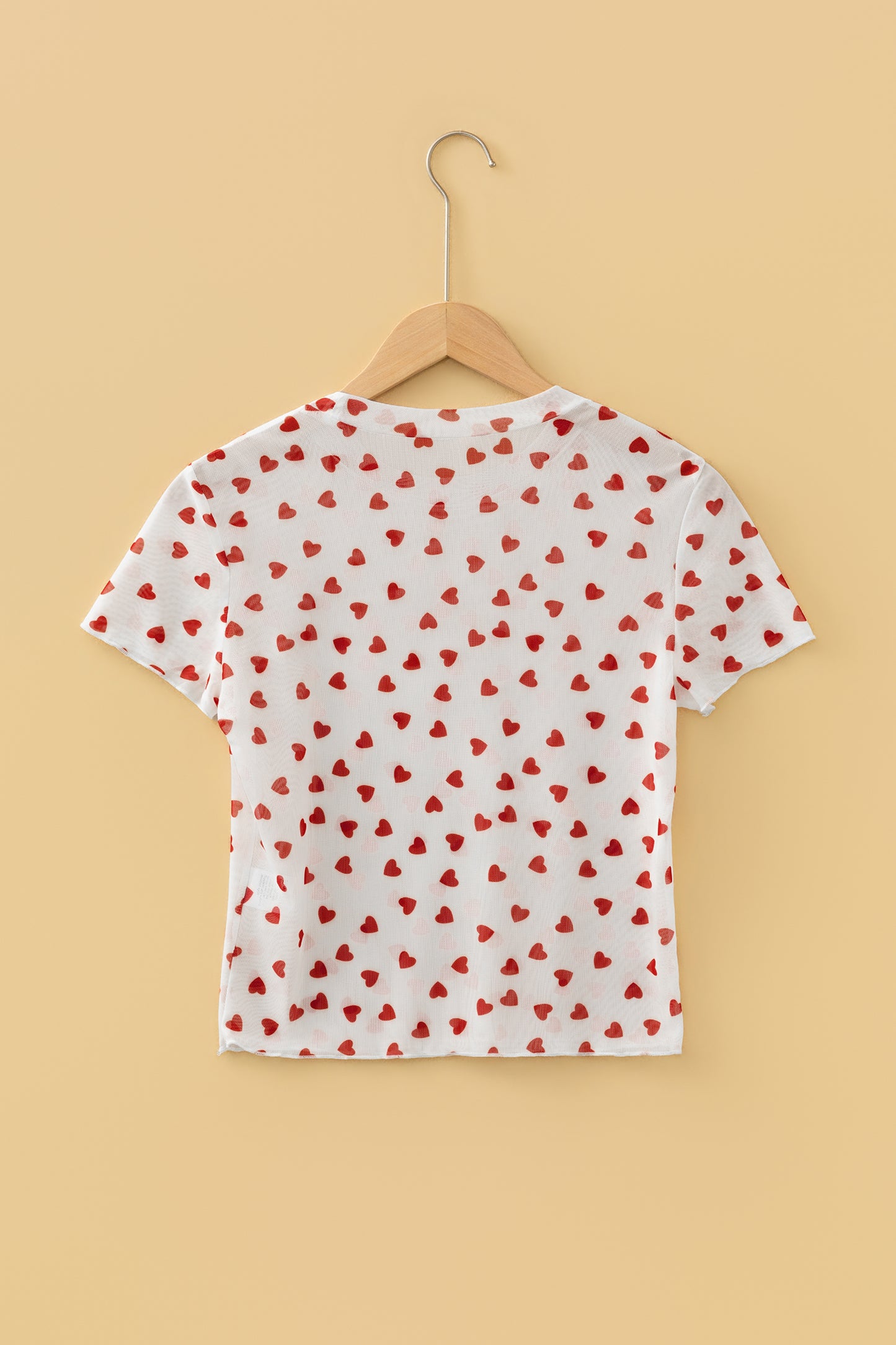 Red Allover Heart Print Mesh Short Sleeve Top