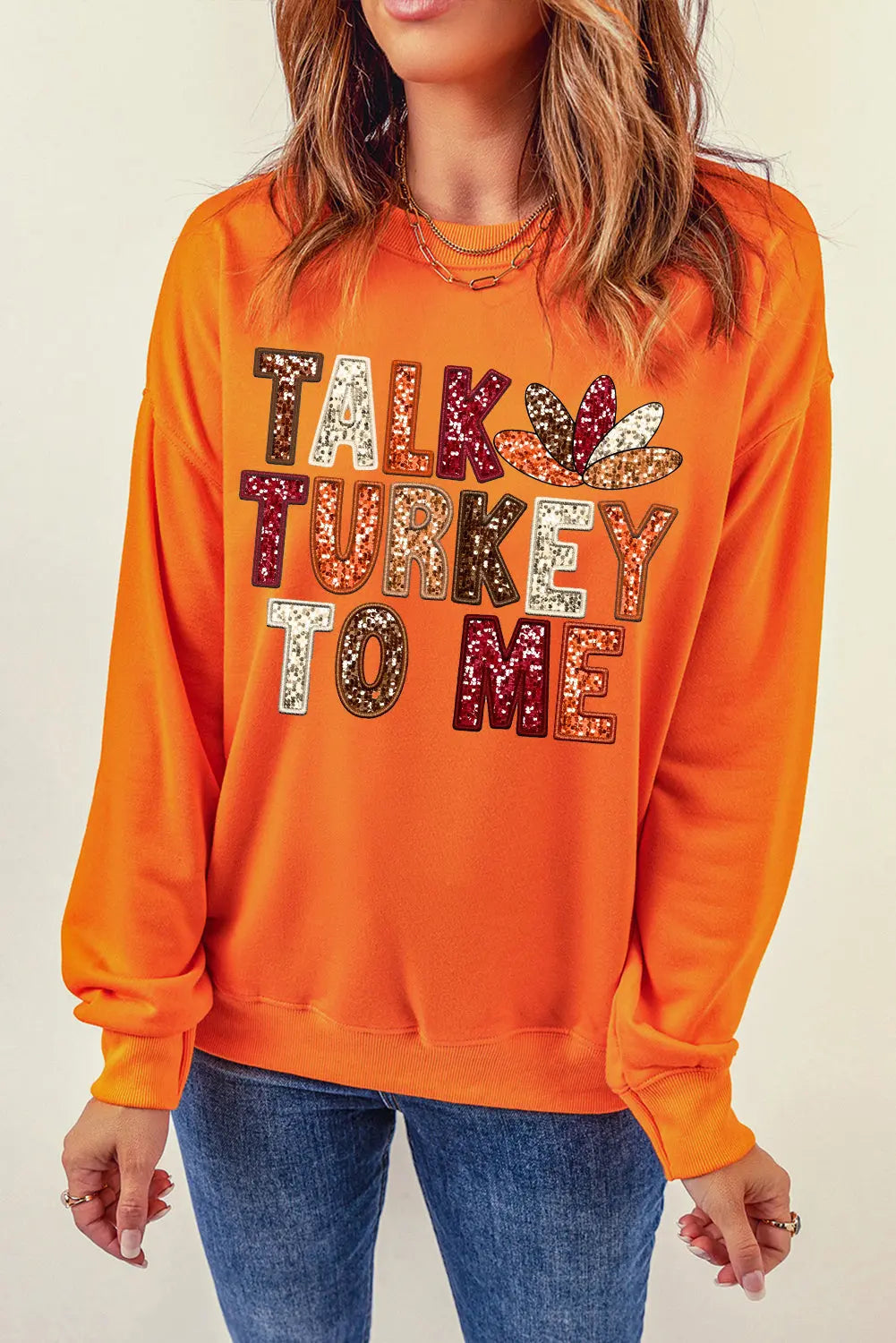 Orange TALK TURKEY TO ME Heat Transfer Printing Graphic Thanksgiving Holiday Sweatshirt Dear-Lover Dropshipping