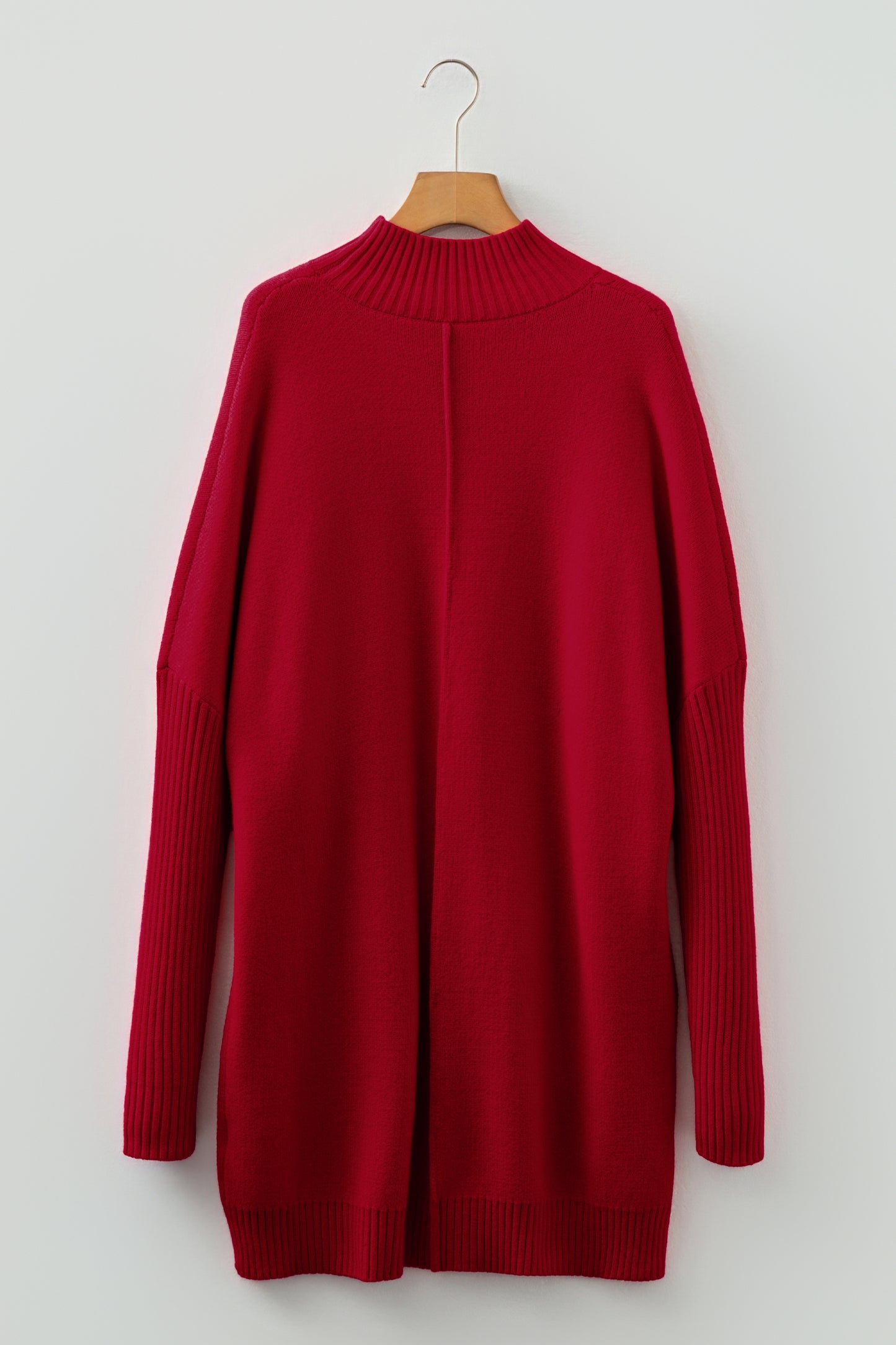Fiery Red Ribbed High Neck Front Pockets Center Seam Shift Sweater Dress