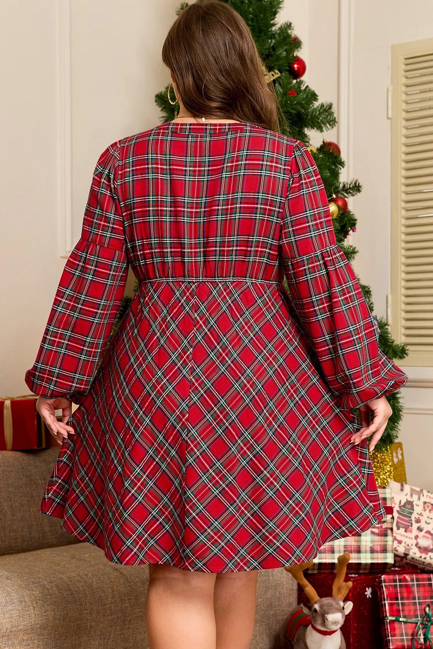 Red Plus Size Plaid Half Button Long Sleeve Holiday Dress Dear-Lover Dropshipping