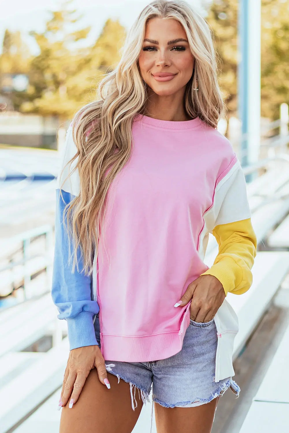 Bonbon Color Block Exposed Seam Side Slits Crewneck Sweatshirt Dear-Lover Dropshipping