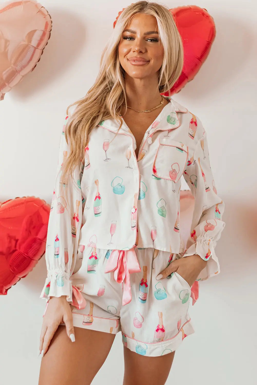 White Christmas Wine Glass Print Bow Knot Two Piece Pajama Set Dear-Lover Dropshipping