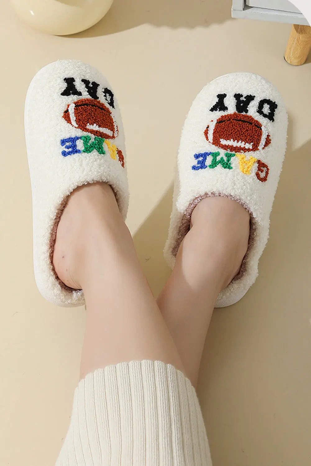 White GAME DAY Rugby Football Plush Slippers Dear-Lover Dropshipping