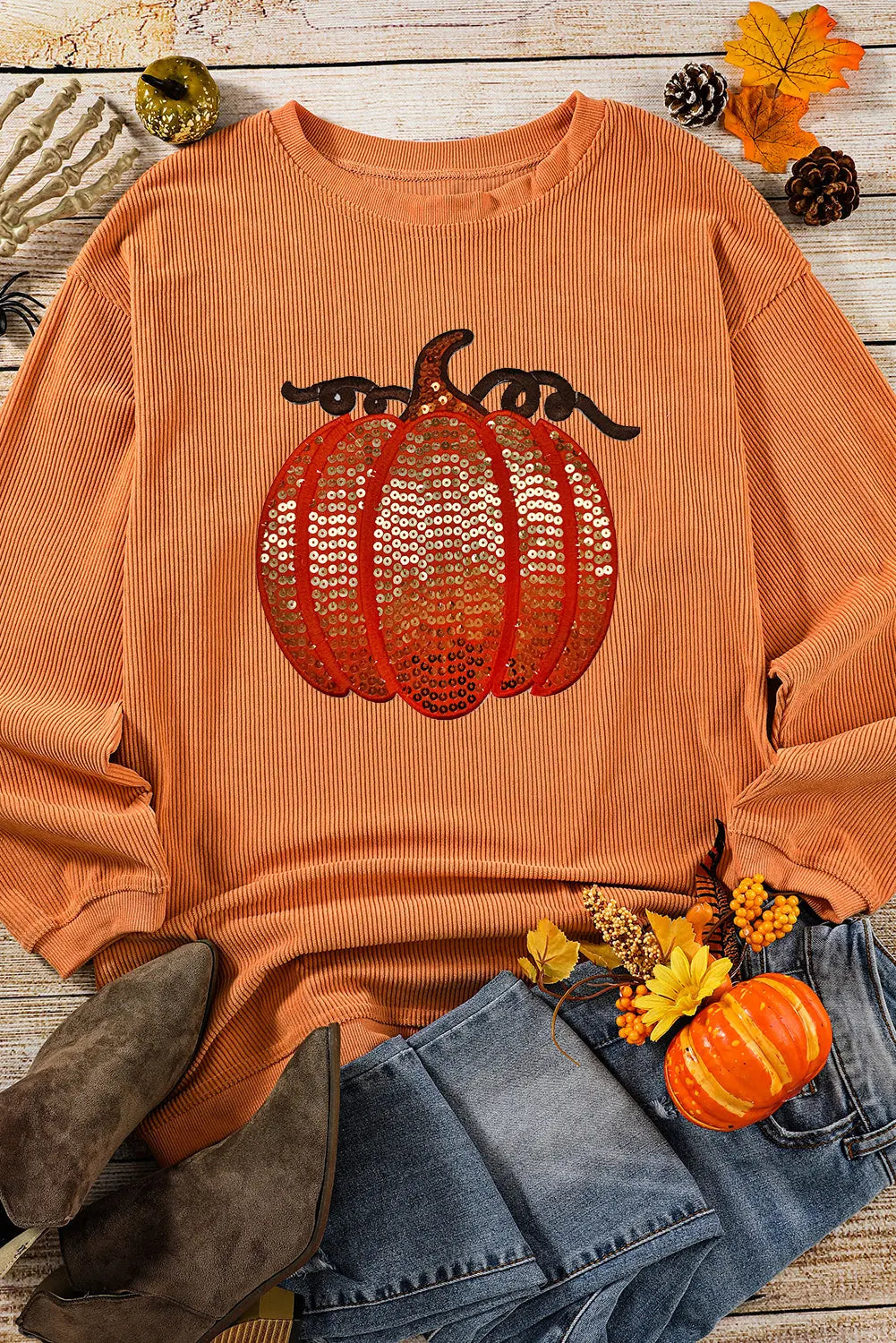 Orange Sequined Pumpkin Ribbed Round Neck Halloween Sweatshirt Dear-Lover Dropshipping