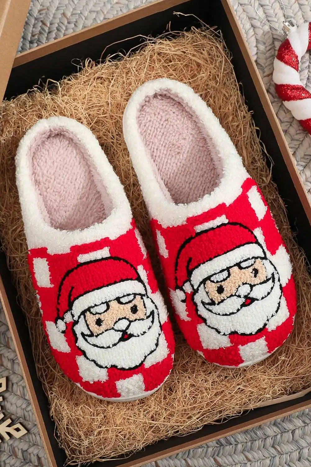 Fiery Red Checkered Santa Claus Graphic Plush Home Slippers Dear-Lover Dropshipping