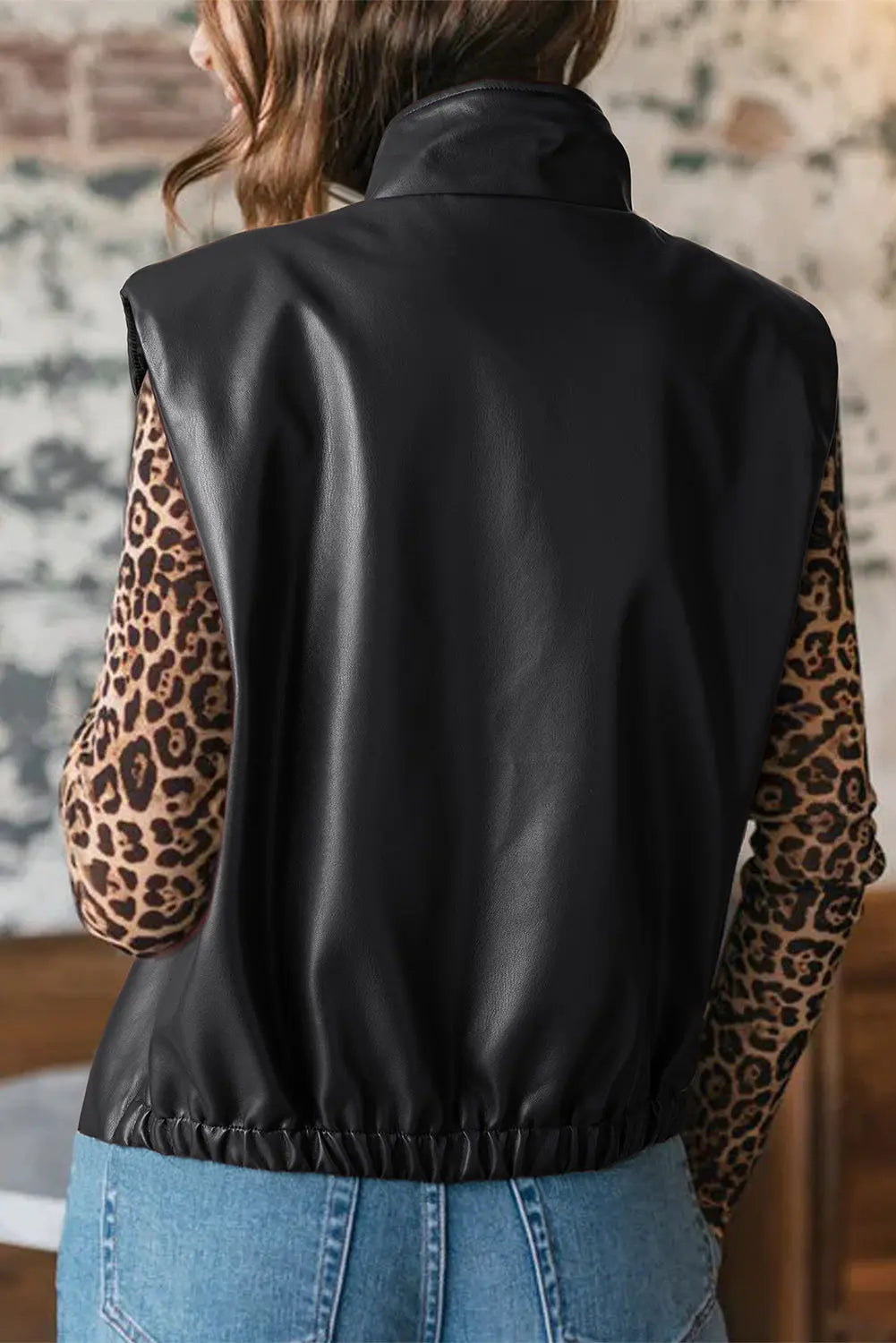 Black Double Flap Pocket Faux Leather Zip Up Stand Neck Vest Dear-Lover Dropshipping