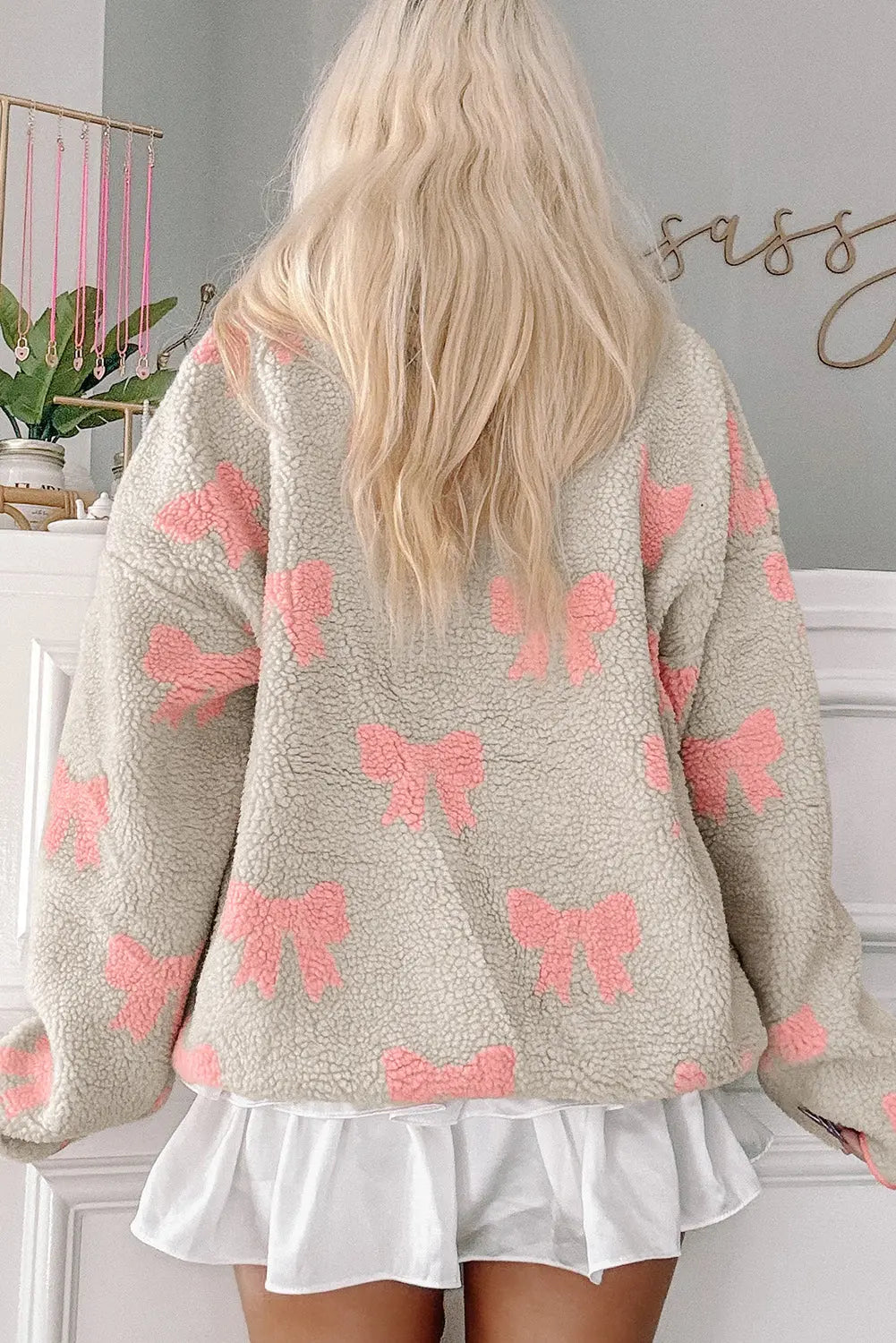 Gray Bow Sherpa Quarter Zip Drop Shoulder Baggy Sweatshirt Dear-Lover Dropshipping