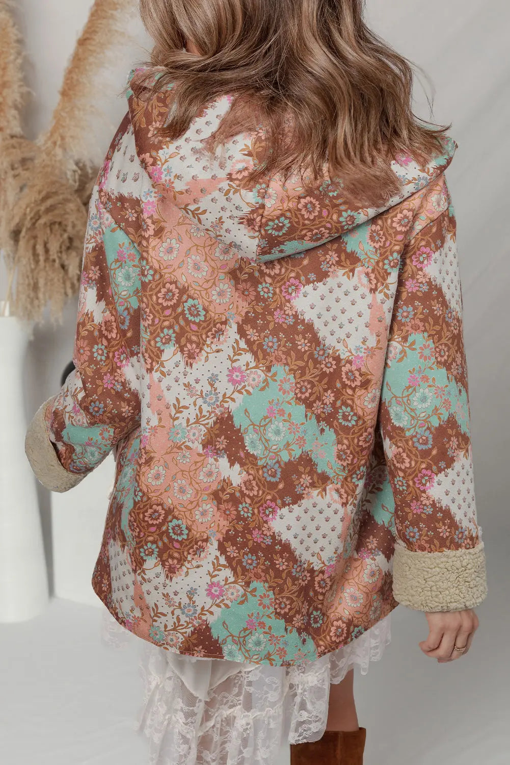 Khaki Vintage Floral Printed Sherpa Lined Hooded Jacket Dear-Lover Dropshipping