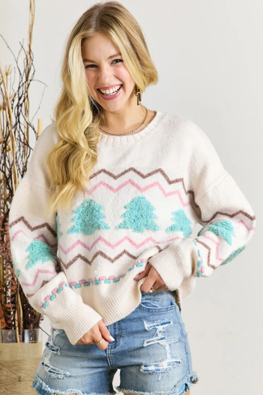 White Striped Christmas Tree Ribbed Trim Drop Shoulder Sweater Dear-Lover Dropshipping