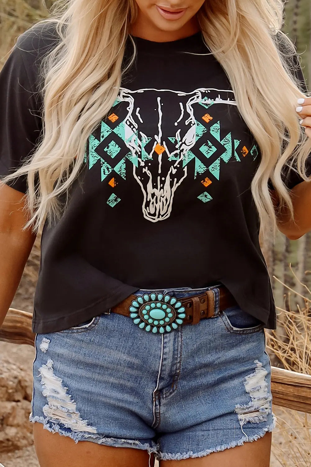 Carbon Grey Vintage Western Bull Head Skull Turquoise Aztec Graphic T Shirt Dear-Lover Dropshipping