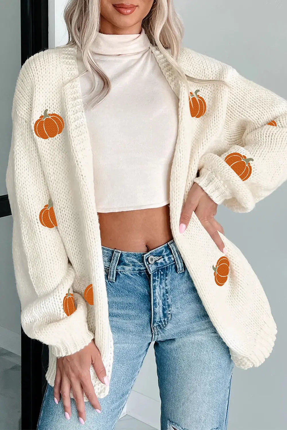 White Pumpkin Print Open Front Drop Shoulder Midi Cardigan Dear-Lover Dropshipping