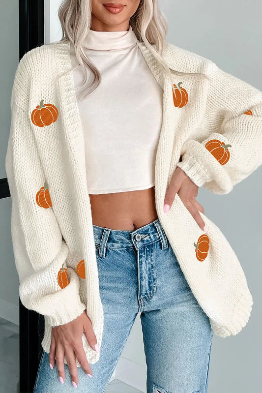White Pumpkin Print Open Front Drop Shoulder Midi Cardigan Dear-Lover Dropshipping