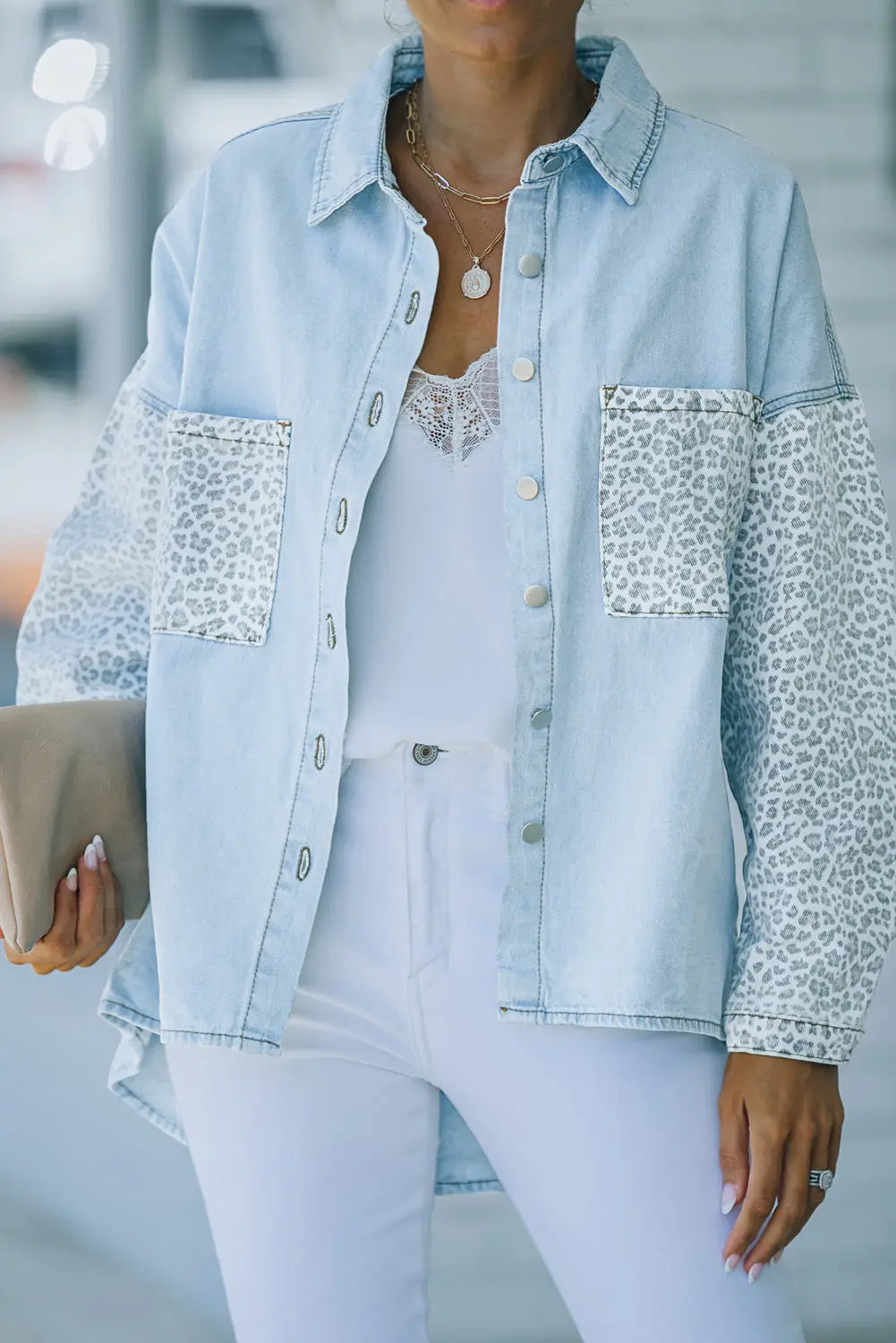 Sky Blue Contrast Leopard Denim Jacket Dear-Lover Dropshipping