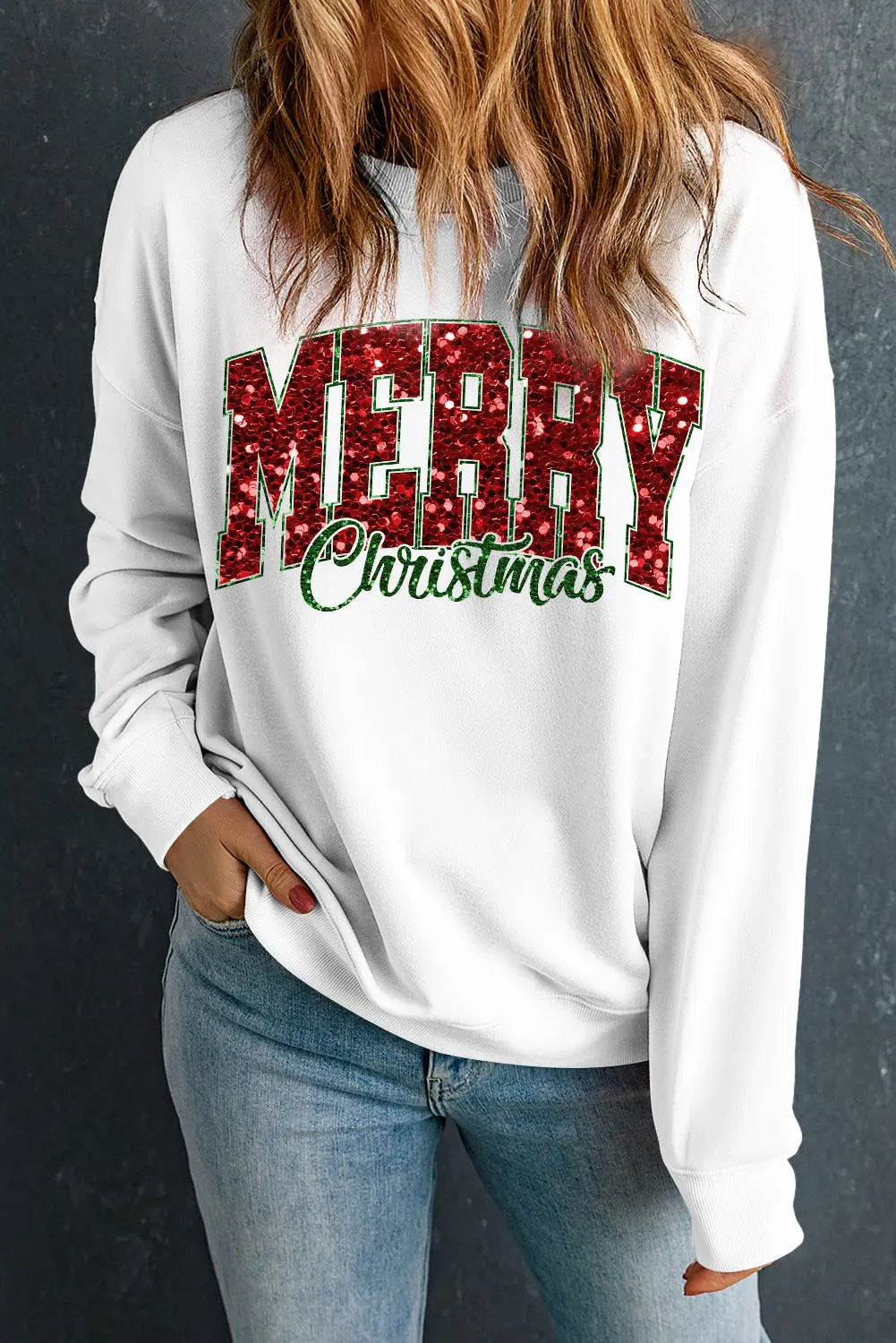 Beige MERRY Christmas Heat Transfer Printing Crewneck Pullover Sweatshirt Dear-Lover Dropshipping