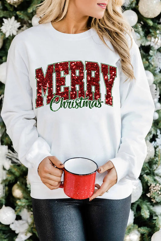 Beige MERRY Christmas Heat Transfer Printing Crewneck Pullover Sweatshirt Dear-Lover Dropshipping
