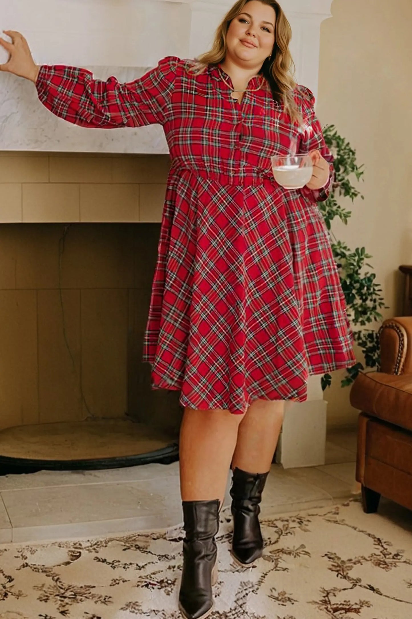 Red Plus Size Plaid Half Button Long Sleeve Holiday Dress Dear-Lover Dropshipping