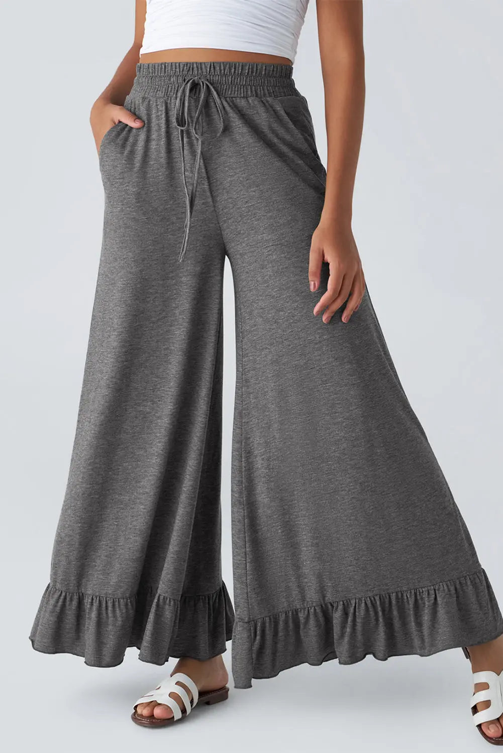 Medium Grey Ruffled Wide Leg Pull On High Waist Pants with Pockets Dear-Lover Dropshipping