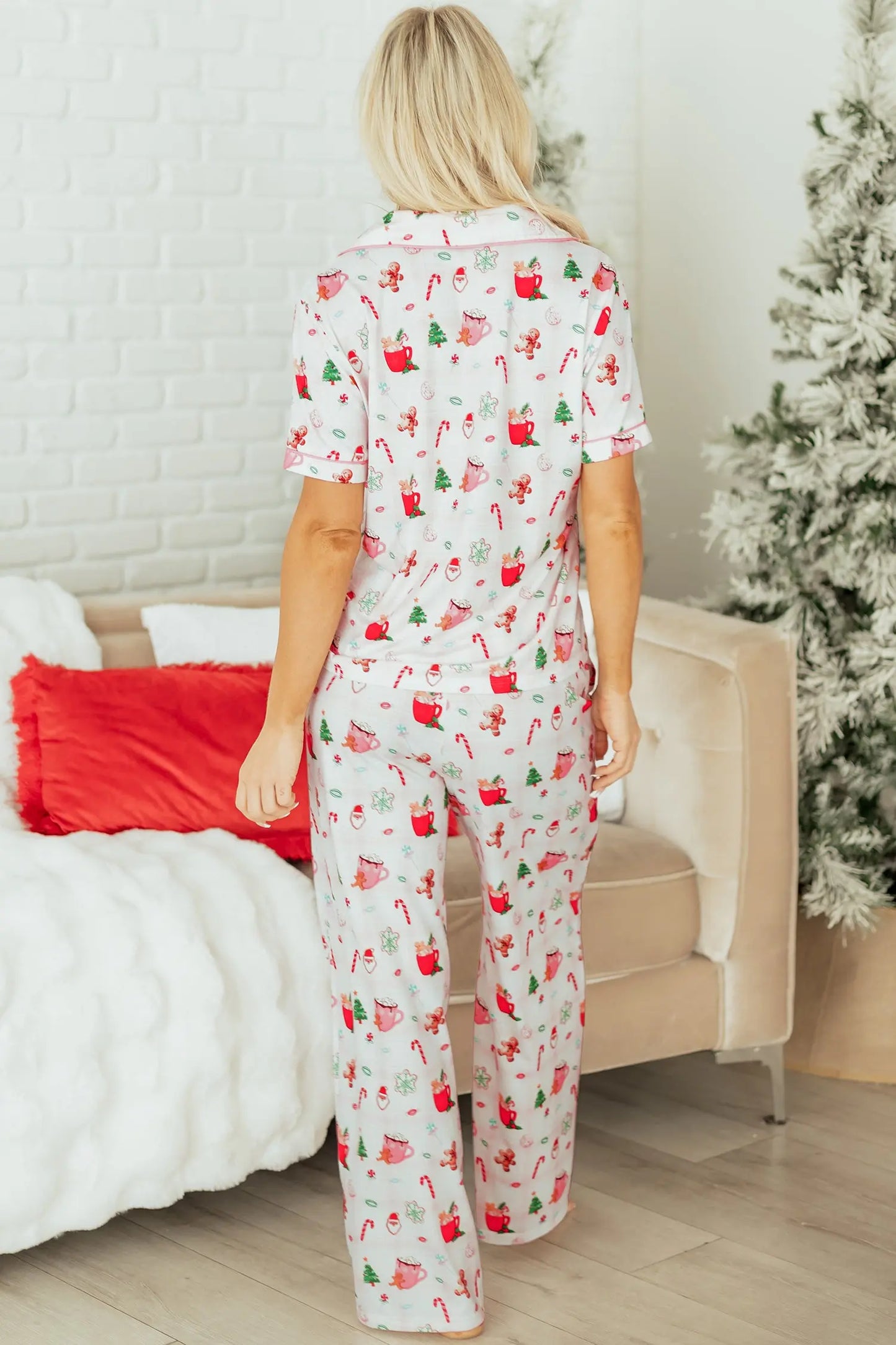 Pink Christmas Spirit Cute Holiday Print Short Sleeve Shirt and Pants 2pcs Pajama Set