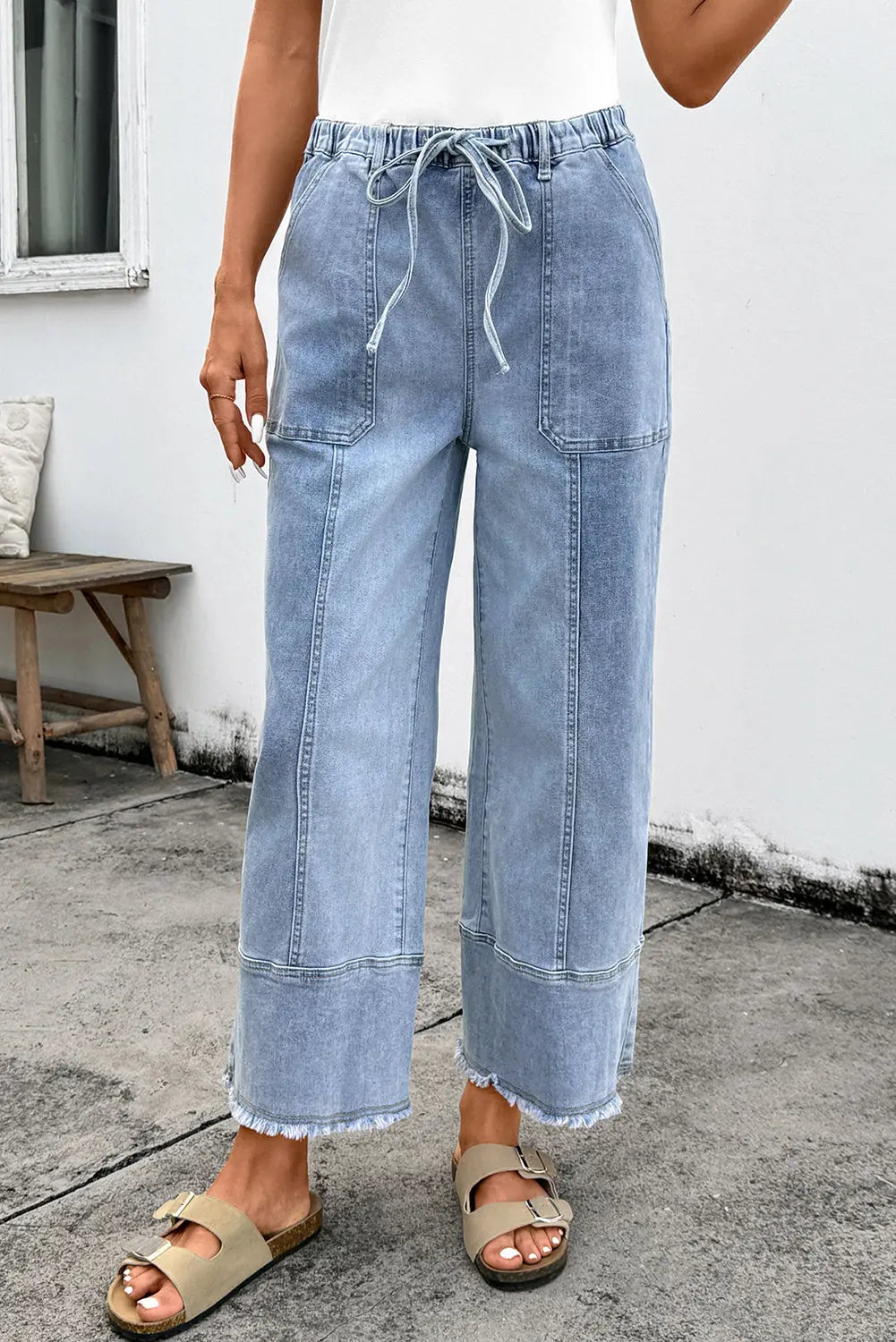 Beau Blue Drawstring Seam Detail Raw Hem Wide Leg Denim Pants Dear-Lover Dropshipping
