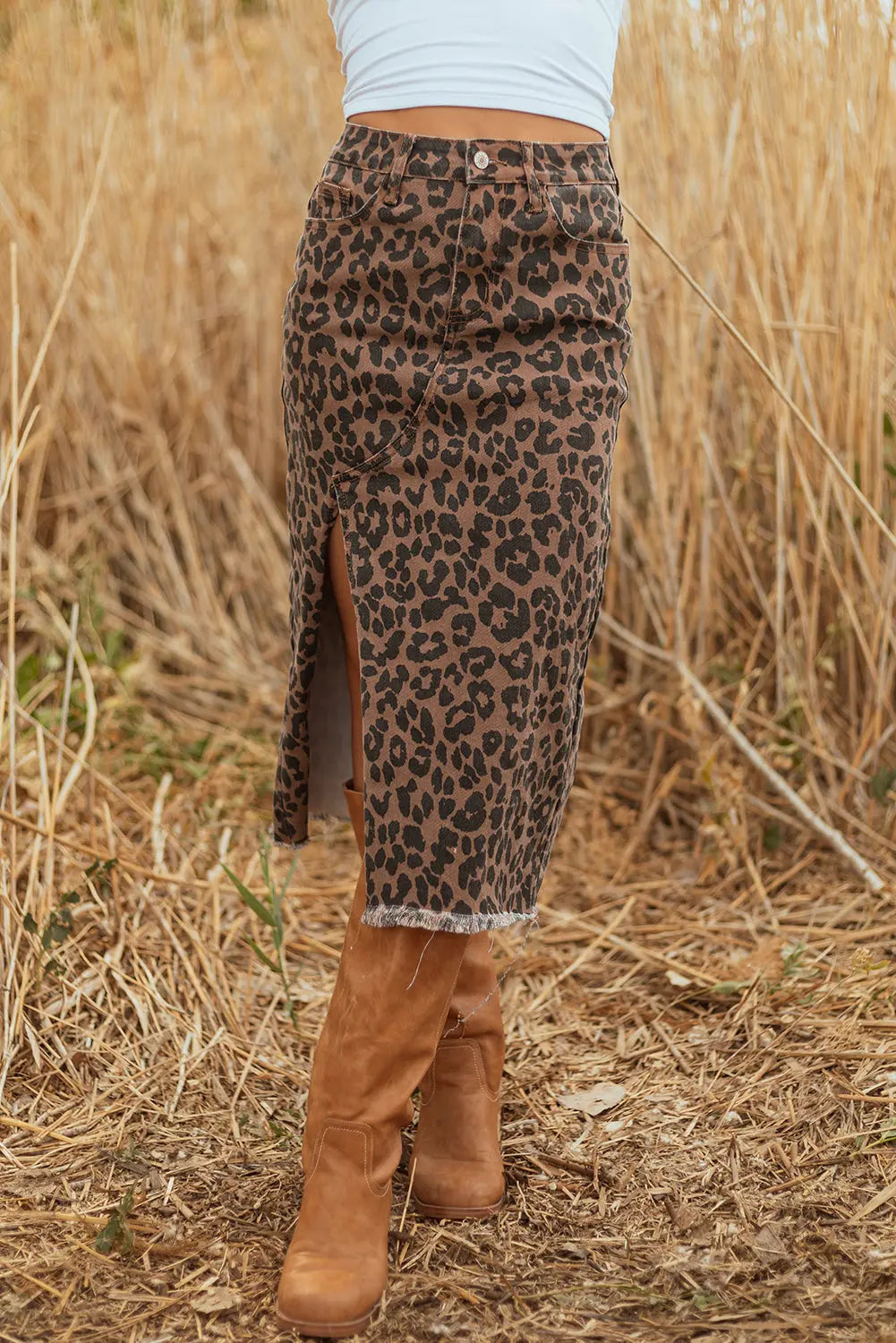 Brown Leopard Denim Frayed Split Denim Midi Skirt Dear-Lover Dropshipping