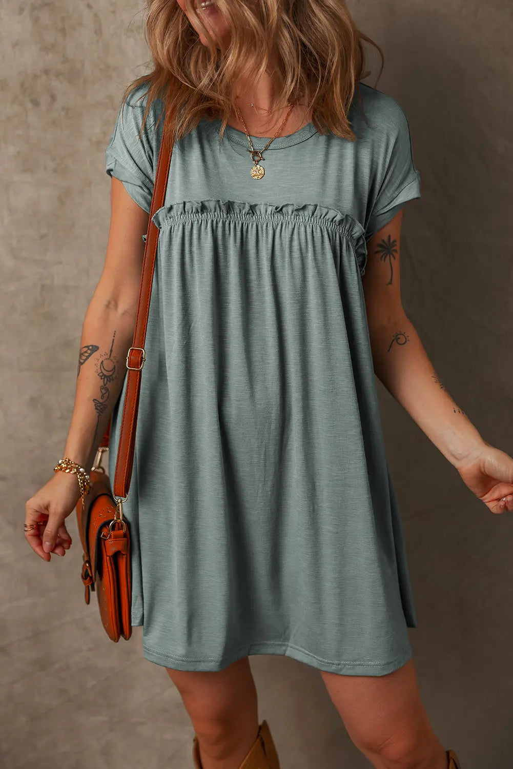 Mist Green Frilled Gathered Seam Round Neck T Shirt Dress Dear-Lover Dropshipping