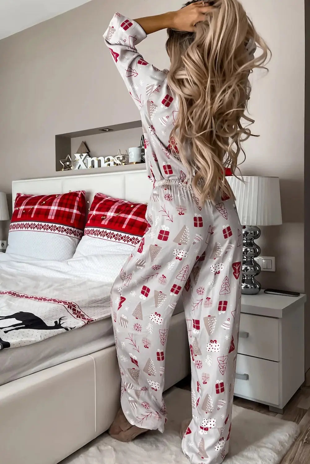 Light Grey Christmas Printed Shirt and Pants Pajama Set Dear-Lover Dropshipping