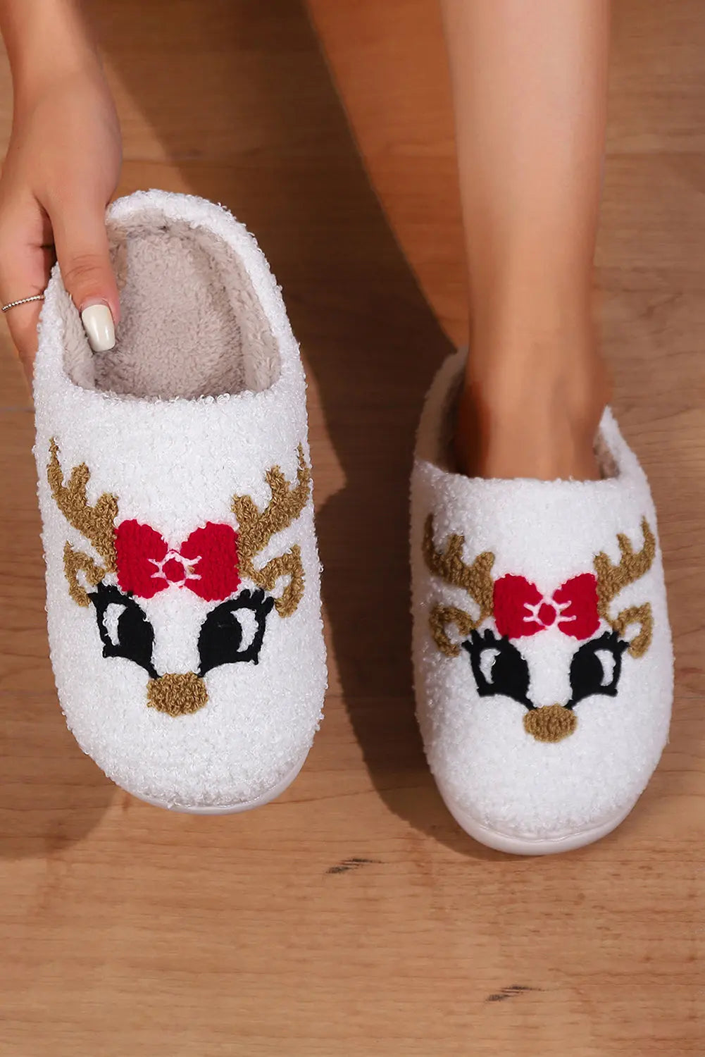 White Christmas Cartoon Pattern Plush Slippers Dear-Lover Dropshipping
