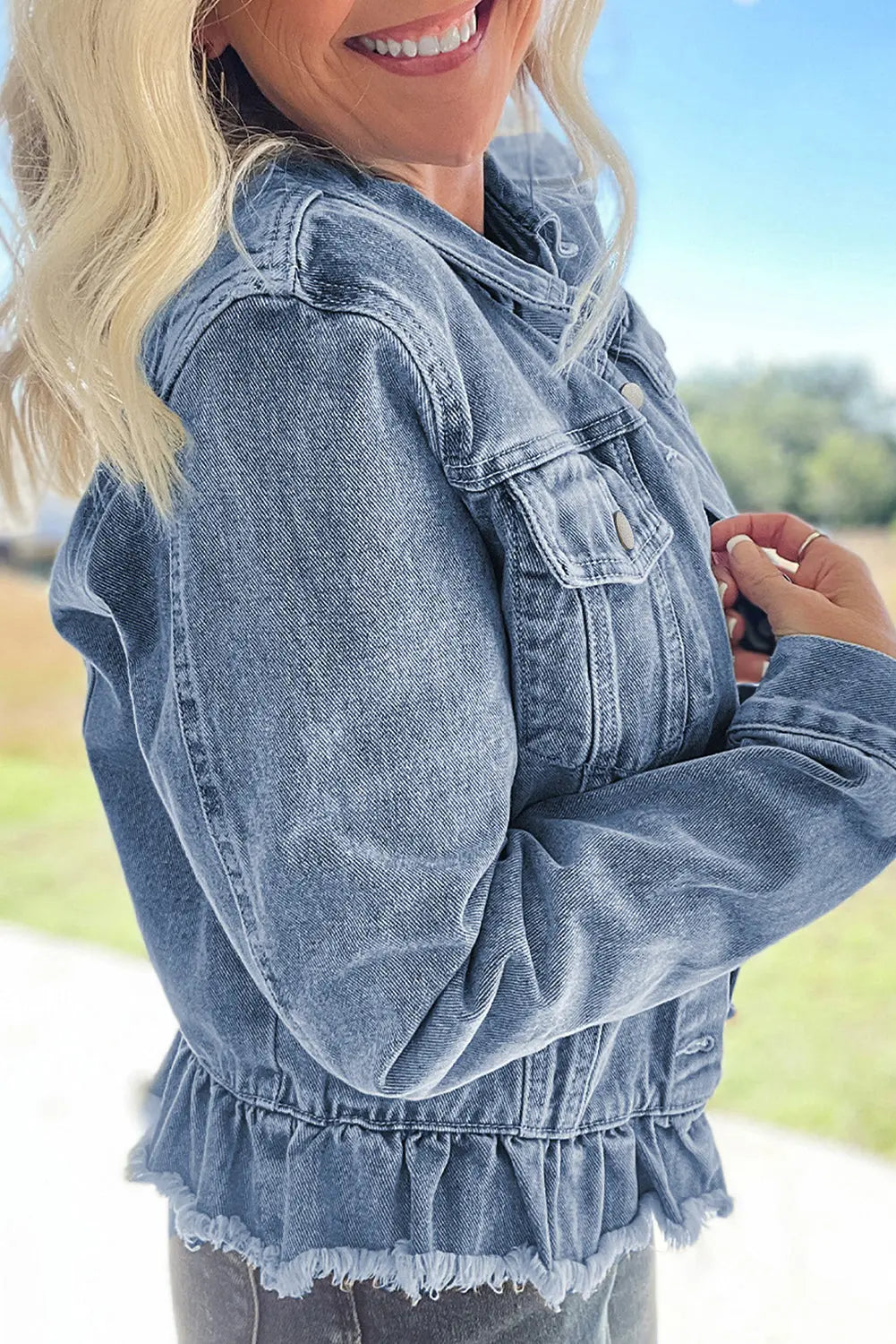 Beau Blue Ruffle Raw Hem Flap Pockets Denim Jacket Dear-Lover Dropshipping