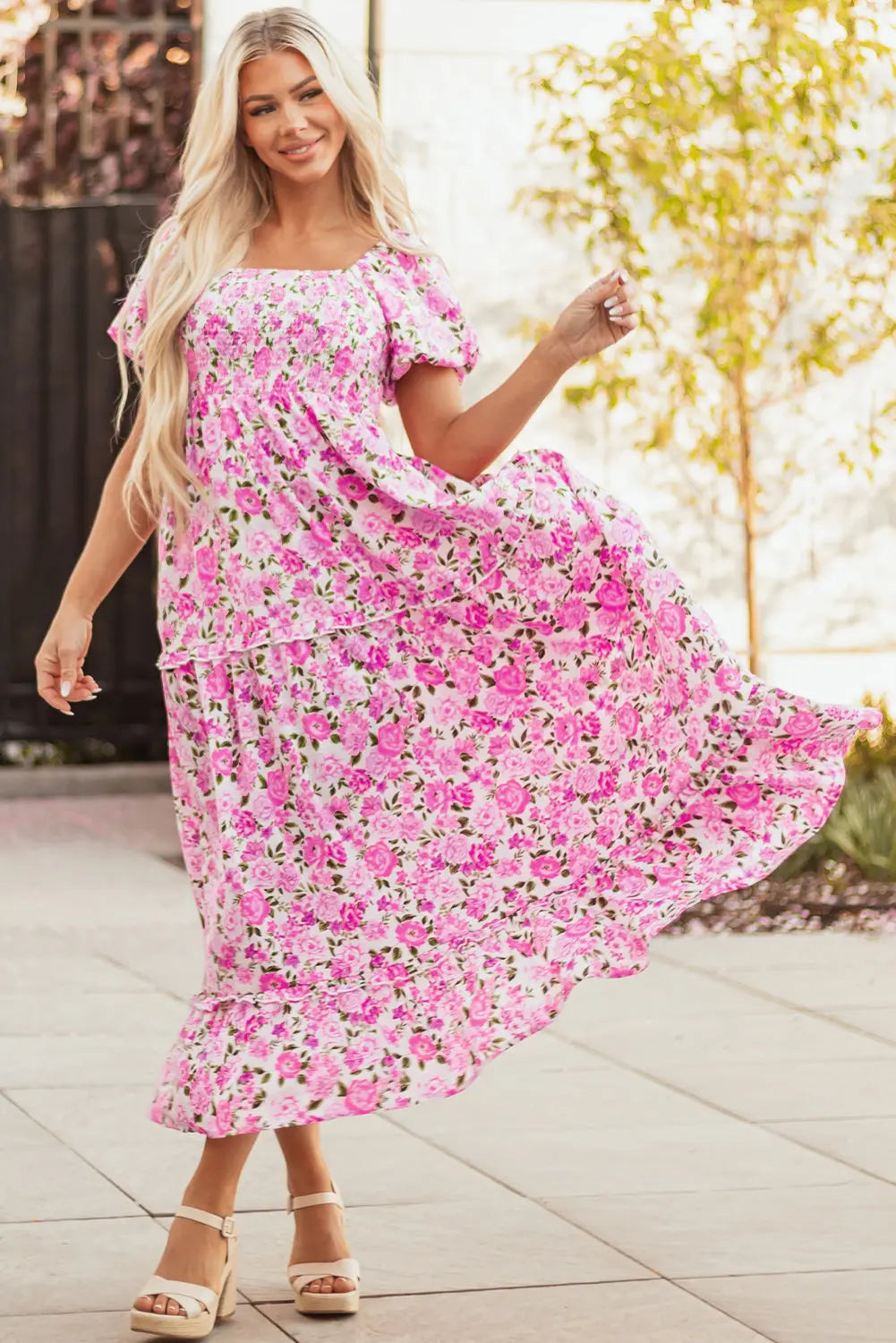 Pink Dainty Floral Smocked Puff Sleeve Flowy Long Dress Dear-Lover Dropshipping
