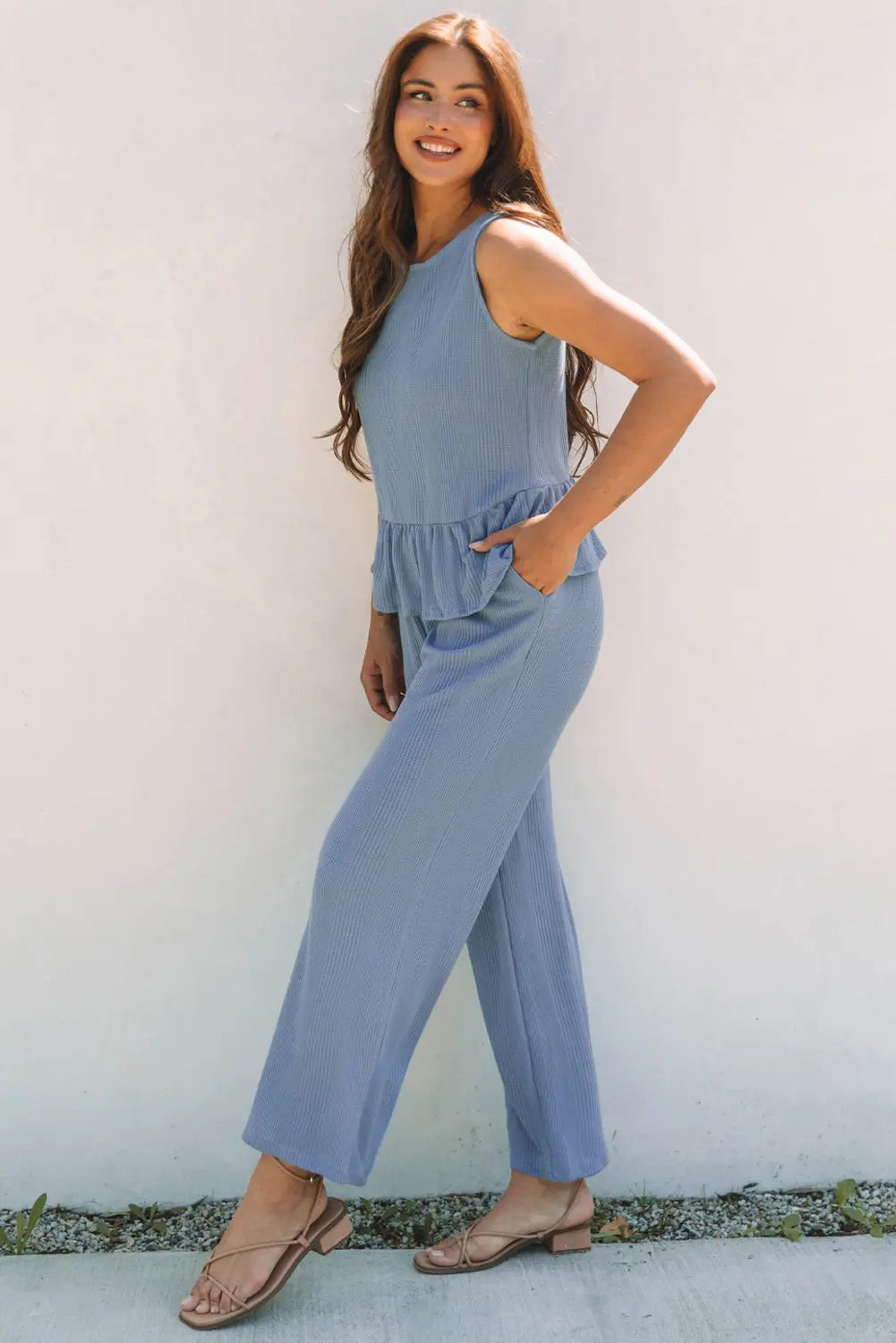 Beau Blue Solid Color Ribbed Ruffle Tank Top and Pants Set Dear-Lover Dropshipping