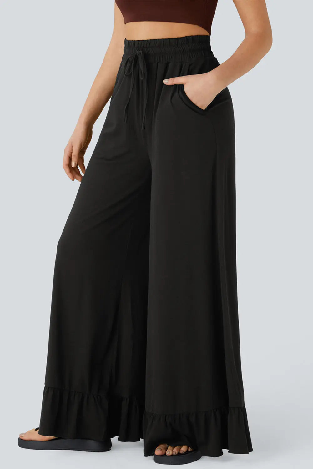 Black Ruffled Wide Leg Pull On High Waist Pants with Pockets Dear-Lover Dropshipping