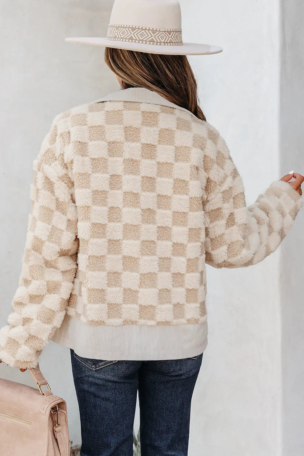 Khaki Checker Sherpa Corduroy Patchwork Zip up Collared Jacket Dear-Lover Dropshipping