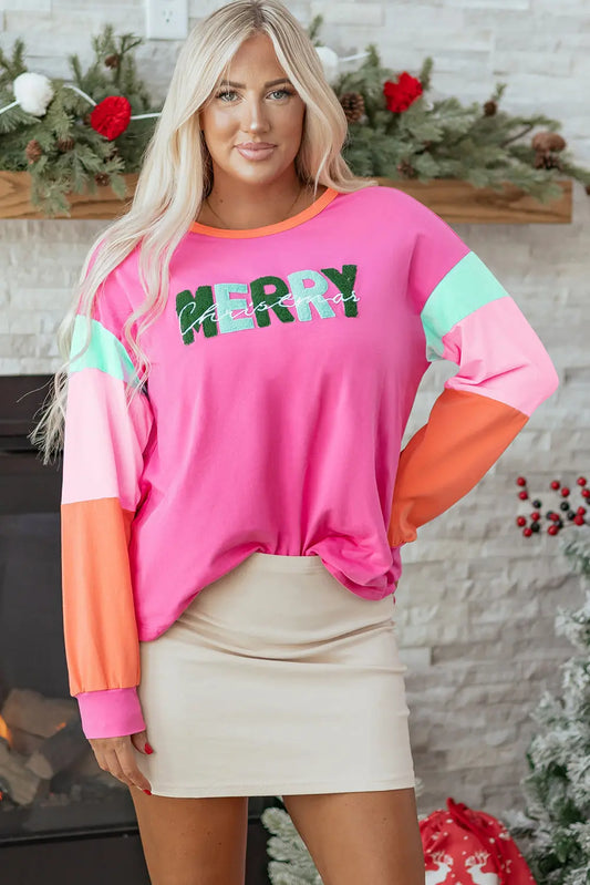 Rose Red Chenille MERRY Christmas Patched Colorblock Long Sleeve Top Dear-Lover Dropshipping