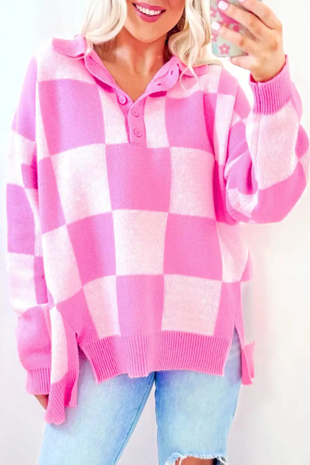 Pink Checkerboard Half Button Collared Drop Shoulder Sweater Dear-Lover Dropshipping