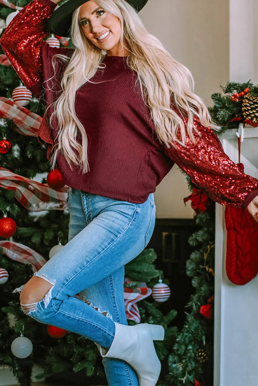 Burgundy Sequin Patchwork Sleeve Open Back Waffle Knit Top Dear-Lover Dropshipping