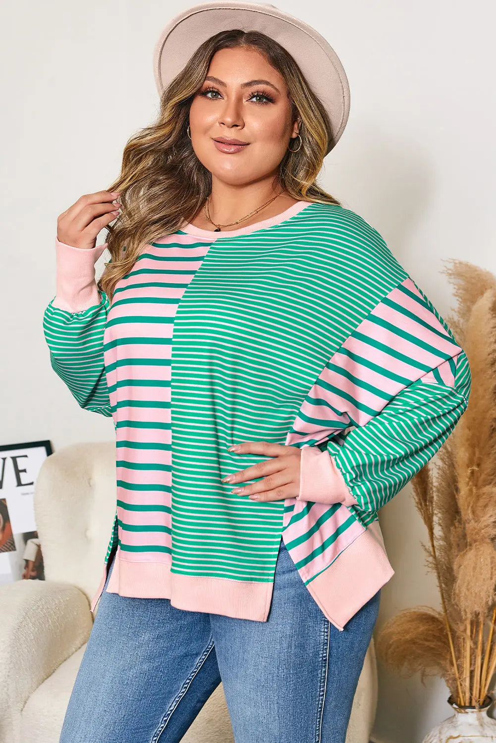 Green Stripe Color Block Exposed Seam Side Slit Plus Size Sweatshirt Dear-Lover Dropshipping
