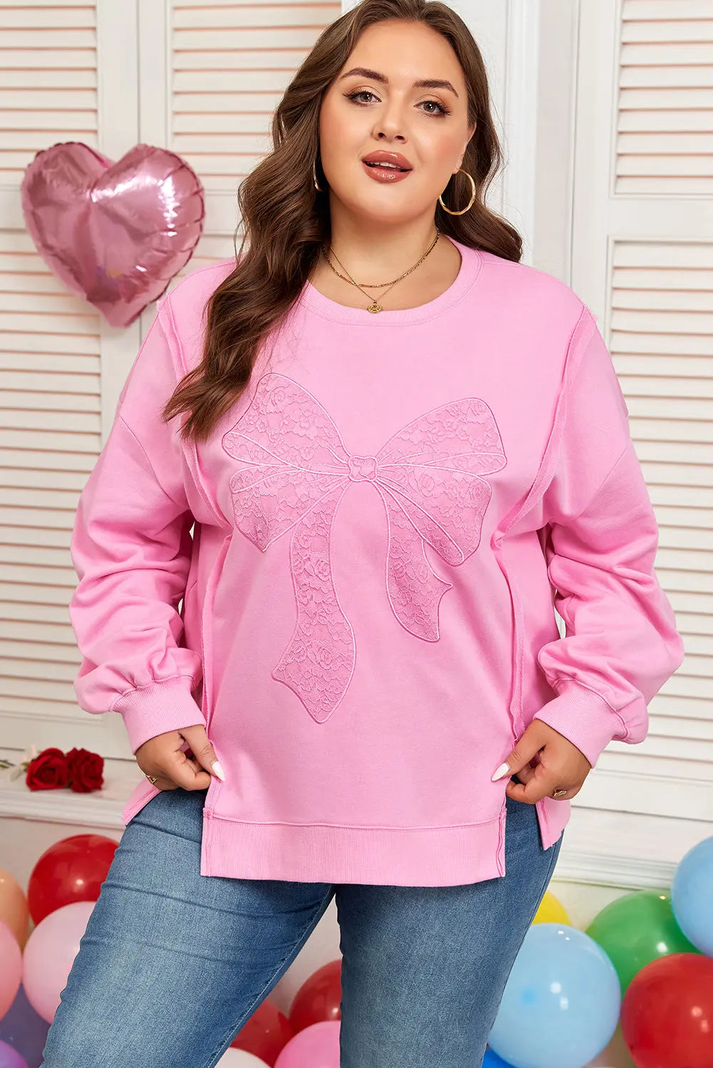 Pink Big Bow Lace Embroidered Dolman Sleeve Slit Plus Size Sweatshirt Dear-Lover Dropshipping