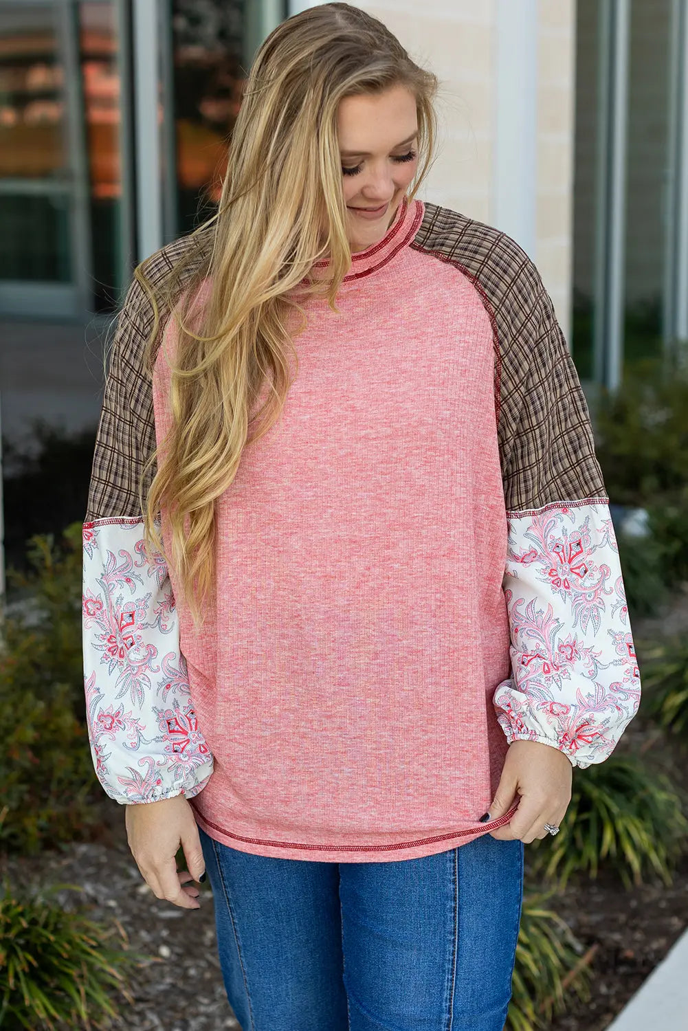Pink Checkered Paisley Patchwork Raglan Sleeve Seamed Plus Size Top Dear-Lover Dropshipping