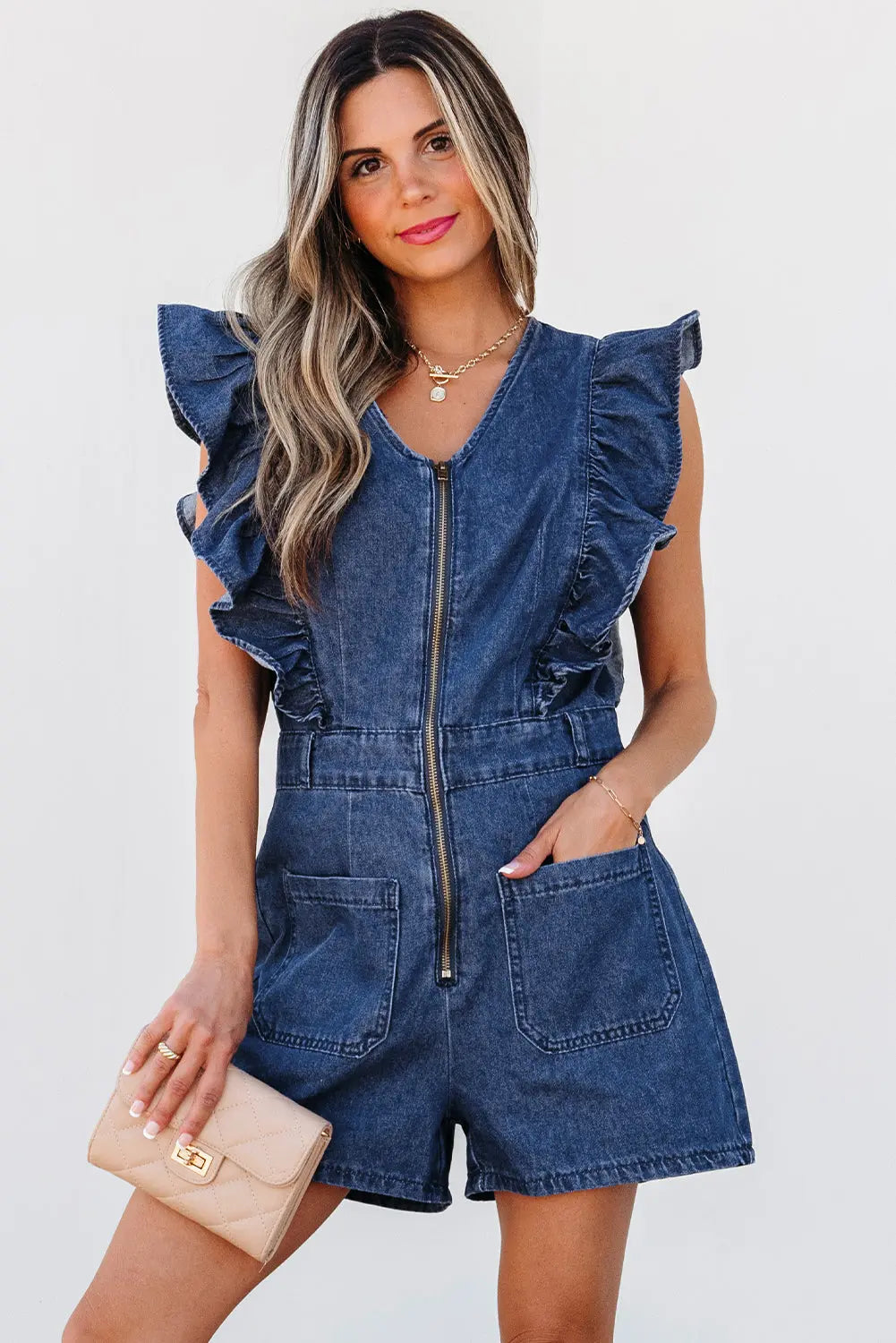Sail Blue Denim Ruffled Zipped Front Belted Romper Dear-Lover Dropshipping