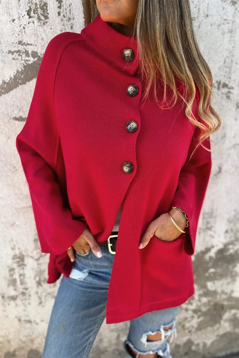 Fiery Red Collared Button Front Wrapped Cardigan Jacket Dear-Lover Dropshipping