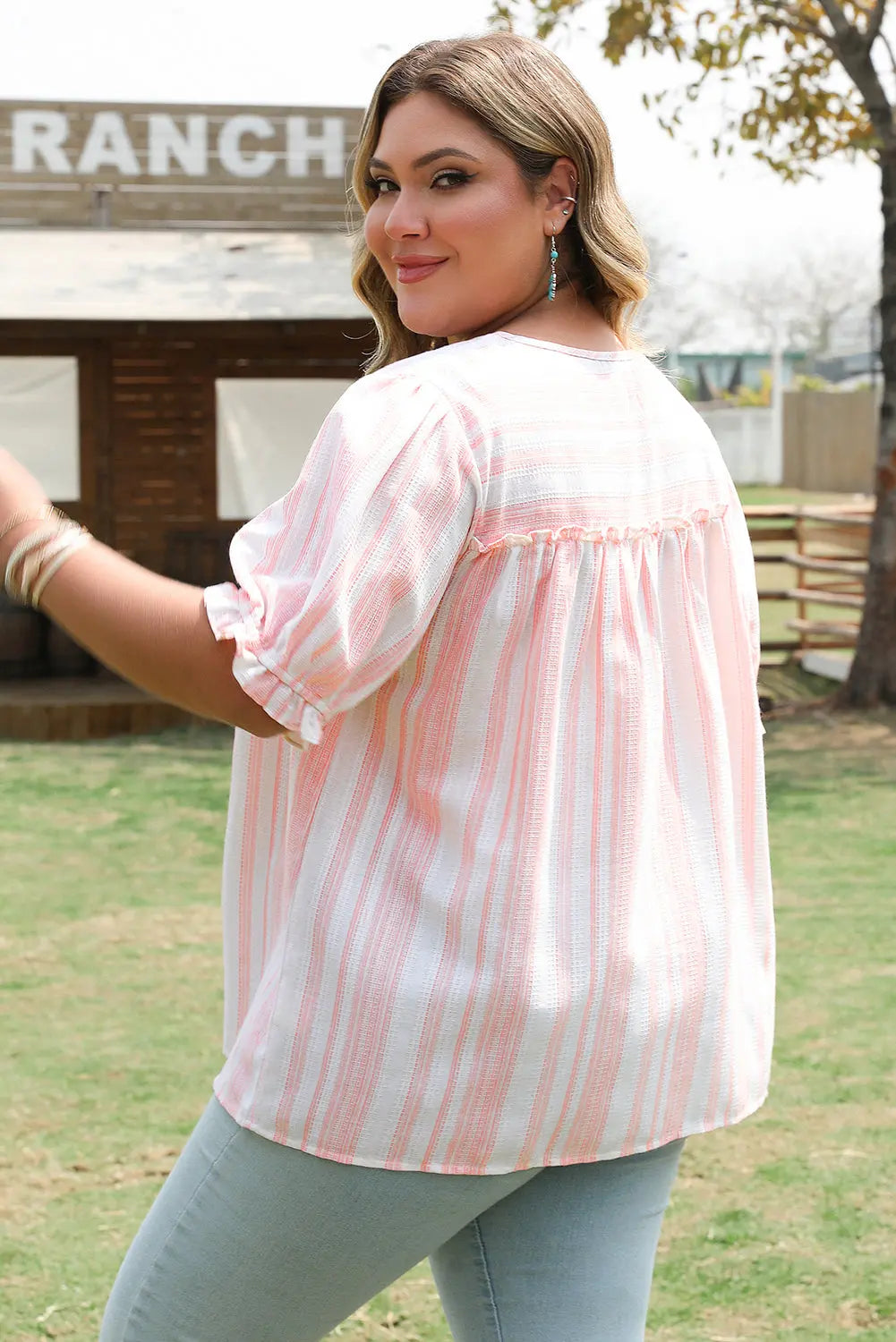 Pink Stripe Plus Size Tassel Tie Frilled Detail Short Sleeve Blouse Dear-Lover Dropshipping