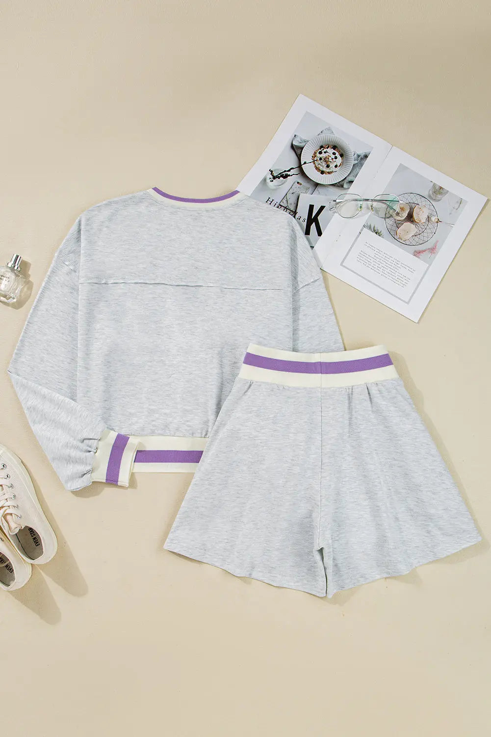 Light Grey Contrast Striped Bands Cropped Pullover and Athletic Short Set Dear-Lover Dropshipping
